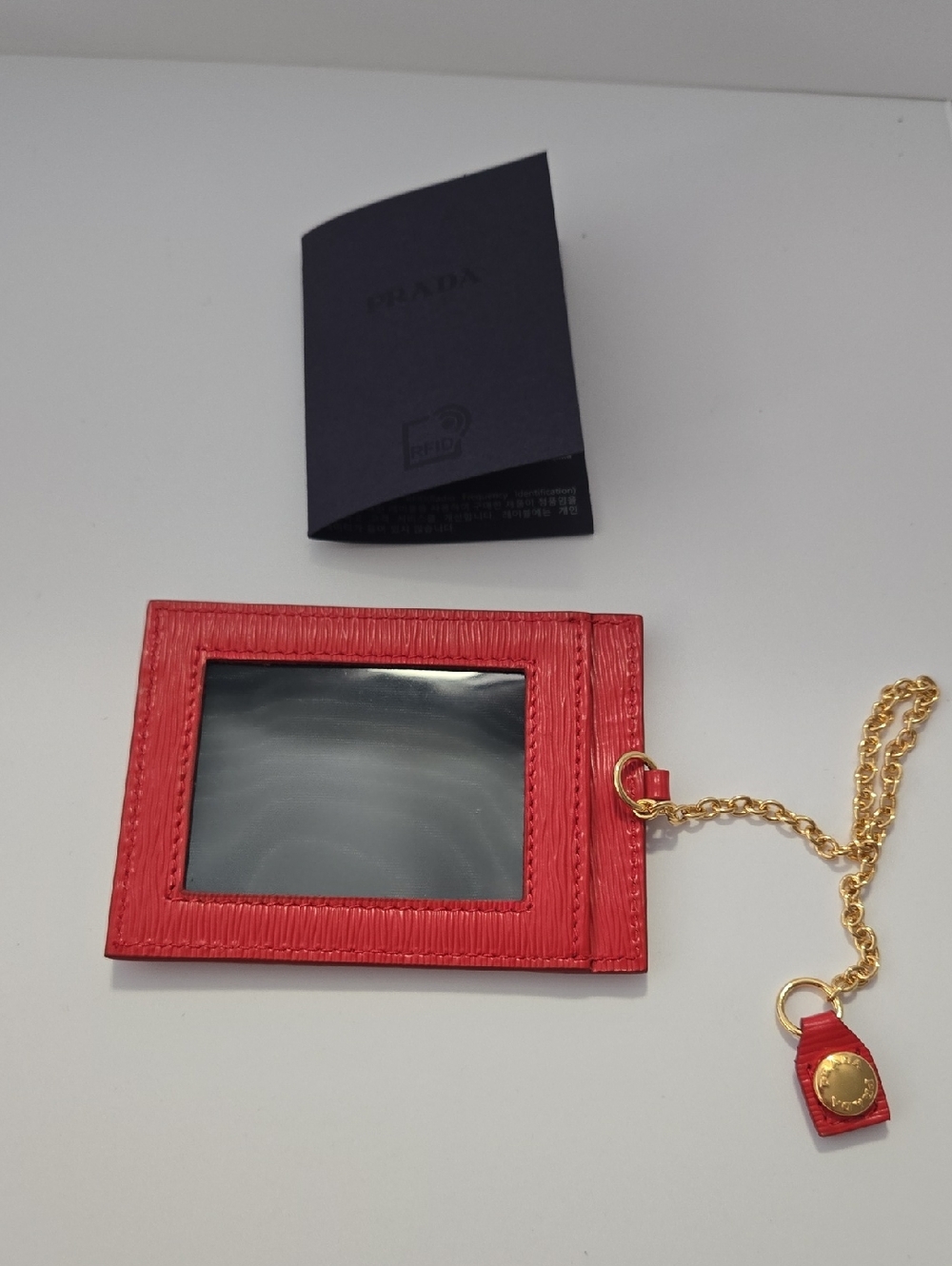 Prada Red Saffiano Leather ID Window Holder with Gold Chain - Picture 1 of 2